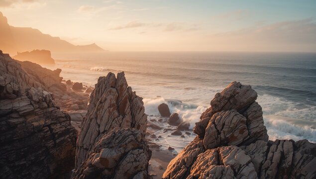 Rocks illuminated by midday sun under a misty sky