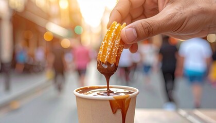 Enjoying a crispy churro dipped in warm chocolate, a sweet street treat.