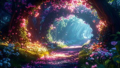 Path through a vibrant, flower-covered archway in a whimsical forest, with dappled light and a dreamy, ethereal feel