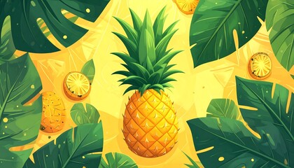 Pineapple surrounded by monstera leaves on a yellow background, with geometric shapes, slices of pineapple, summery vibes
