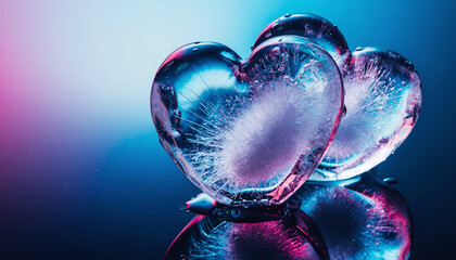 Two Ice Hearts With Internal Crystals Illuminated By Neon Lights
