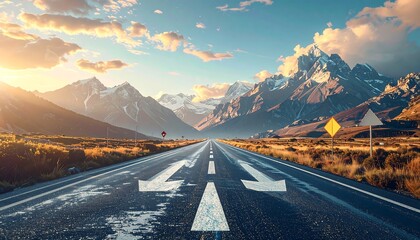 Paved road leads toward distant snow-capped mountains under a bright, sunlit, partly cloudy blue sky