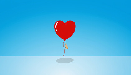 Minimalist Red Heart Shaped Balloon With Blank Tag On Blue Background
