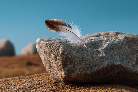 White feather balancing on a rock amidst a terra firma landscape, symbolizing peace, and natural simplicity.