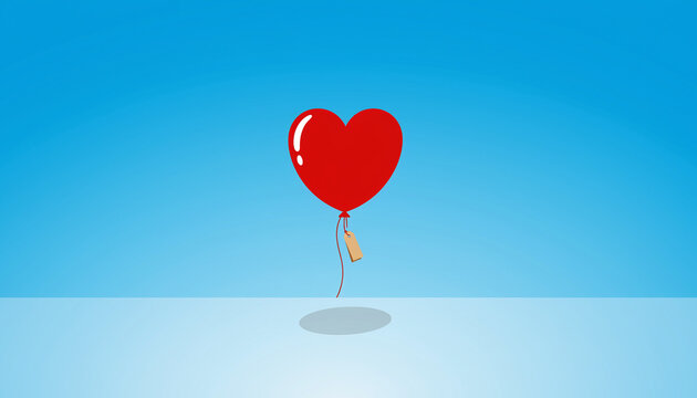 Minimalist Red Heart Shaped Balloon With Blank Tag On Blue Background - Powered by Adobe