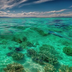 Obraz premium Breathtaking turquoise sea, white sand beach, green cliff, crystal waters, serene coastal view, tropical paradise, relaxing seaside landscape, high-quality wallpaper material, natural beauty, ocean