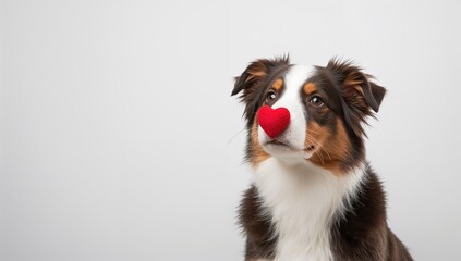 Fototapeta premium Cute border collie puppy balancing a red heart on its nose, showcasing affection and warmth, Valentine's Day