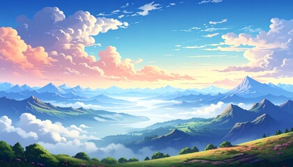 Peaceful, anime-styled vista featuring rolling mountains, fluffy clouds, and a soft, pastel-colored sunrise