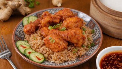 Hainanese chicken rice with crispy chicken accompanied by greasy rice and chili sauce, refined sugar load