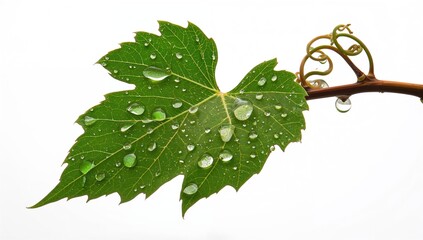 Fototapeta premium Raindrops on green leaf vines against a white background, showcasing freshness and new growth