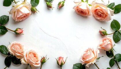 Peach roses with green leaves forming a frame around white space