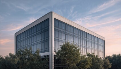 Obraz premium Contemporary office structure featuring a glass exterior, surrounded by greenery, urban efficiency