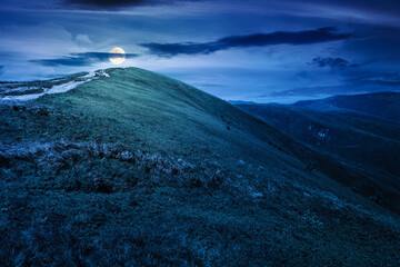 alpine meadows in mountains in summer at night. beautiful view of rolling hills with lush grass under dark sky in full moon light. travel destination. background for investment or abstract concepts