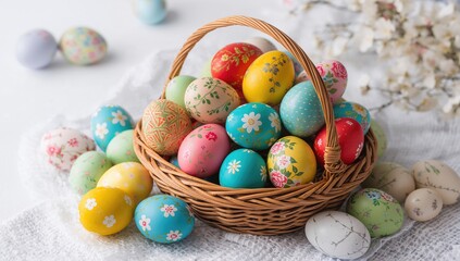 Fototapeta premium Colored Easter eggs nestled in a basket against a white backdrop, seasonal holiday theme