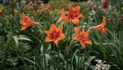 Amaryllis flowers in full bloom within a garden, seasonal beauty captured for a brief period