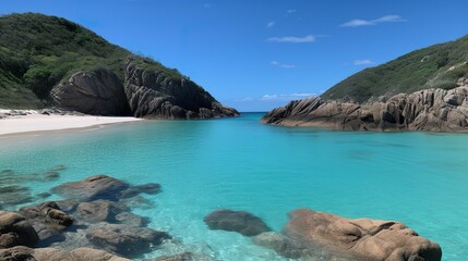 Obraz premium Breathtaking turquoise sea, white sand beach, green cliff, crystal waters, serene coastal view, tropical paradise, relaxing seaside landscape, high-quality wallpaper material, natural beauty, ocean