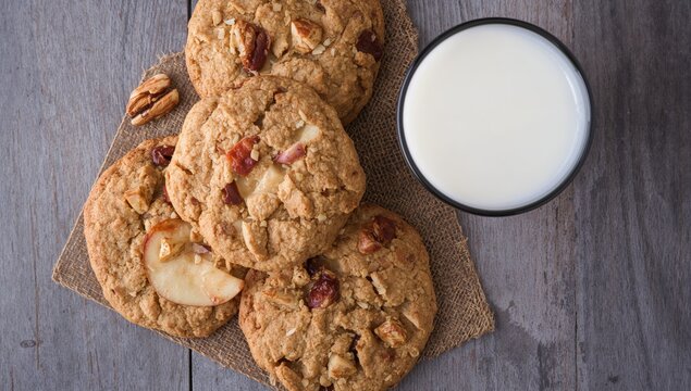 Homemade oatmeal cookies featuring apples and nuts, fiber-dense choice
