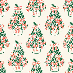 Holiday elegant hand drawn seamless pattern with christmas trees and red bows. Minimalist vector line background. Vintage coquette aesthetic © Felizabeth