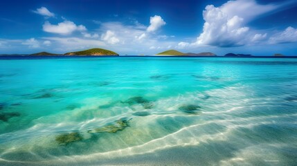 Breathtaking turquoise sea, white sand beach, green cliff, crystal waters, serene coastal view, tropical paradise, relaxing seaside landscape, high-quality wallpaper material, natural beauty, ocean