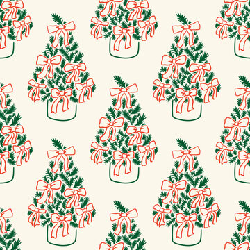 Holiday elegant hand drawn seamless pattern with christmas trees and red bows. Minimalist vector line background. Vintage coquette aesthetic