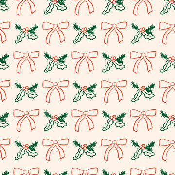 Holiday elegant hand drawn seamless pattern with red bows and mistletoe branches. Vintage minimalist christmas vector background