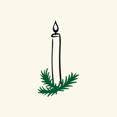 Hand drawn vector illustration of candle with fir branches on isolated background. Christmas holiday clipart in vintage style