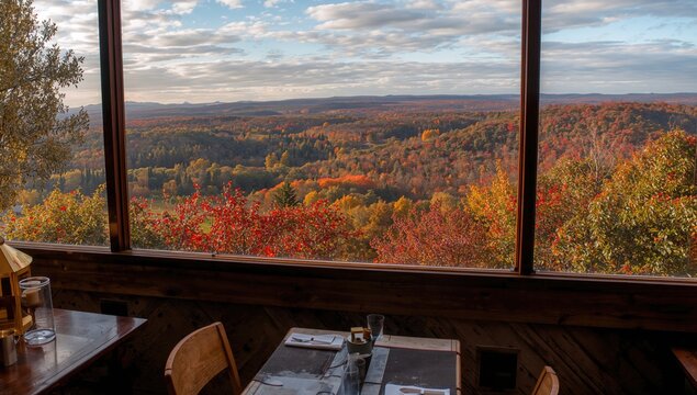 Cafe with a scenic view, autumn ambiance, ideal for relaxation