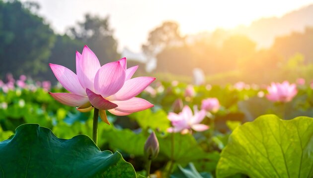 Pink lotus flowers bloom amidst green leaves, basking in sunlight with a hazy background of trees