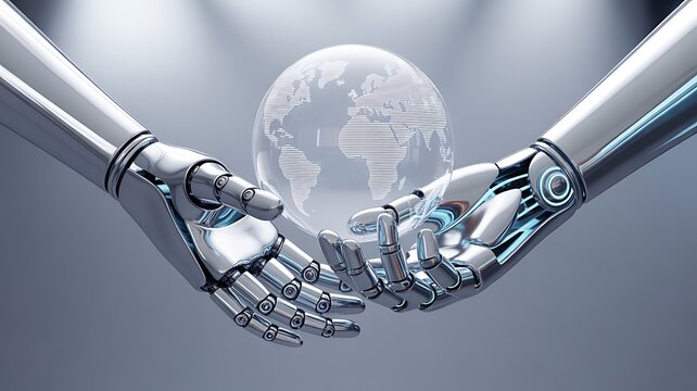 Robotic hands gently holding a glowing digital globe, symbolizing ai and global technology