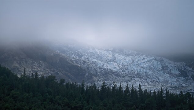 Foggy Atmosphere Over Salmon Glacier Near Hyder, Assessing Seasonal Changes