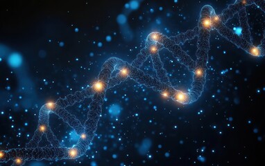 Glowing digital representation of a DNA double helix strand on a dark blue background with floating light particles, symbolizing genetics and molecular biology