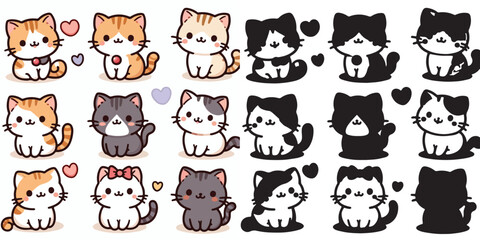 Set of cute cat vectors and shilhouttes on a white background