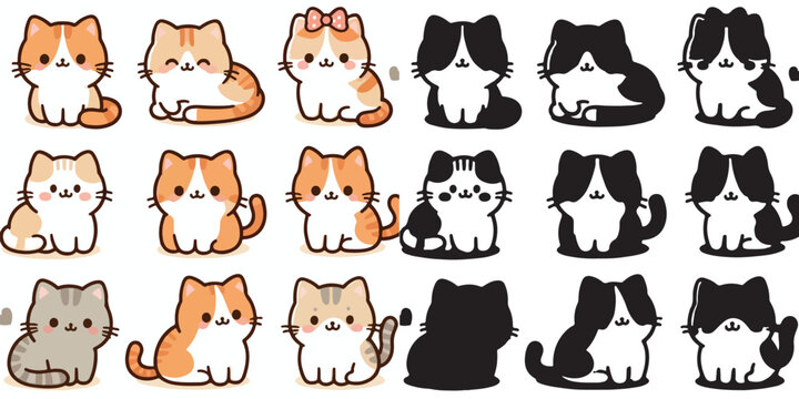 Set of cute cat vectors and shilhouttes on a white background