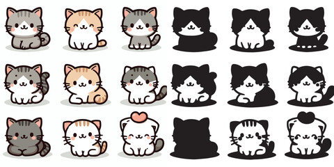 Set of cute cat vectors and shilhouttes on a white background
