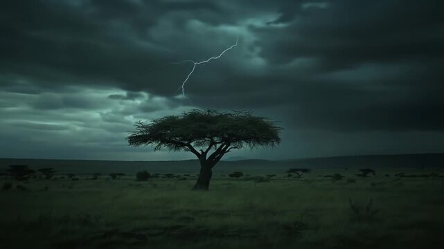 Dramatic lightning strikes over a lone tree in a dark, stormy savanna landscape. Powerful thunderstorm in nature.