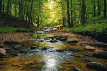 Obraz premium Serene forest stream flowing through tall green trees with sunlight filtering through dense foliage, smooth rocks lining the water path, peaceful and calming nature scene