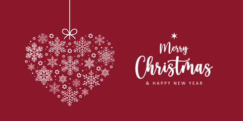 merry christmas greeting card with heart made of snowflakes vector illustration