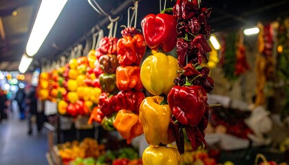Peppers strung up at a market stall, colourful vegetables on display, blurred background, and shallow depth of field