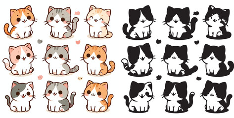 Set of cute cat vectors and shilhouttes on a white background