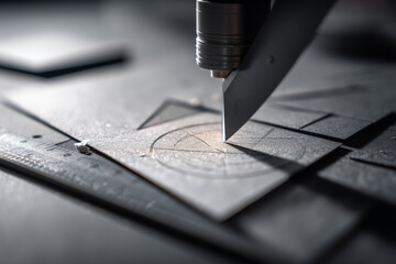 Precision craft knife cutting a geometric circle on drafting board, model-making and design process