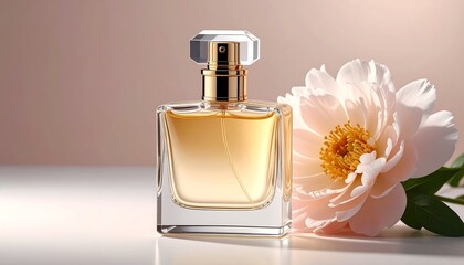 Perfume bottle with golden liquid rests beside a peony with leaves on a neutral surface, soft pink background