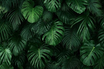 Lush, vibrant green monstera and fern leaves create a captivating, natural backdrop for tropical ambiance and organic themes