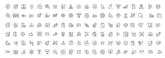 Line icons about action plan. Contains such icons as search strategy, target, scheme, timeline and workflow.Action plan set of web icons in line style. Strategy action planning icons.