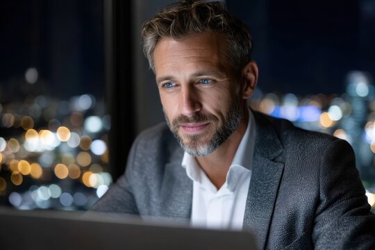 Professional man working late at night with city lights in the background