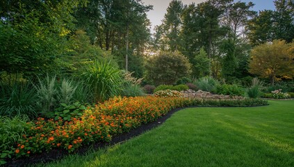 Obraz premium Lush garden featuring vibrant flowerbeds and diverse plants, promoting biodiversity