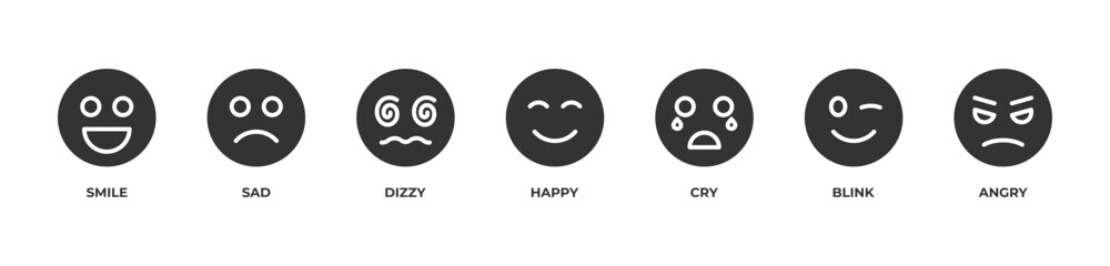 Fototapeta premium Feel It Icons set vector illustration glyph with Smile, Sad, Dizzy, Happy, Cry, Blink, Angry