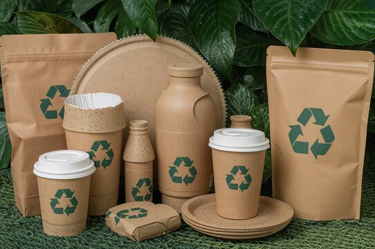Eco friendly packaging collection with recycling symbols showcases sustainable business practices and consumer choice for a greener planet