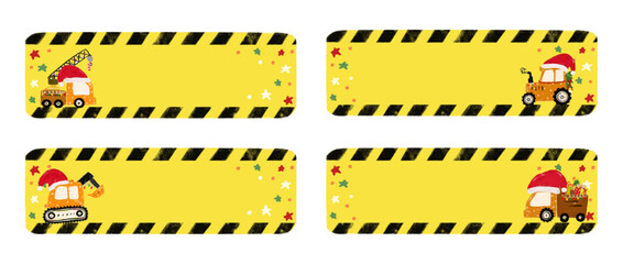 cute set of blank empty kids christmas xmas yellow under construction heavy machinery vehicle design for Name Label birthday gift tag party sticker colorful crayon doodle watercolor illustration