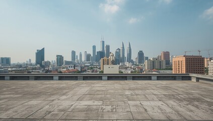 Obraz premium Panoramic view of a city skyline from a rooftop deck during daylight, showcasing urban luxury and corporate lifestyle