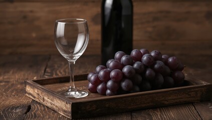 Fototapeta premium Empty glass with grapes resting on a rustic wooden tray, suitable for a wine tasting event